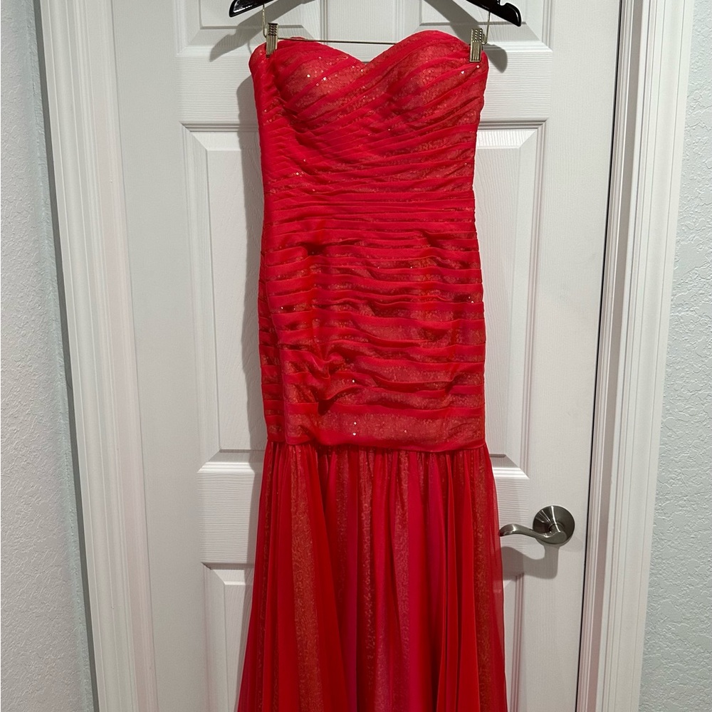 La Femme Elegant Red Strapless Evening Gown